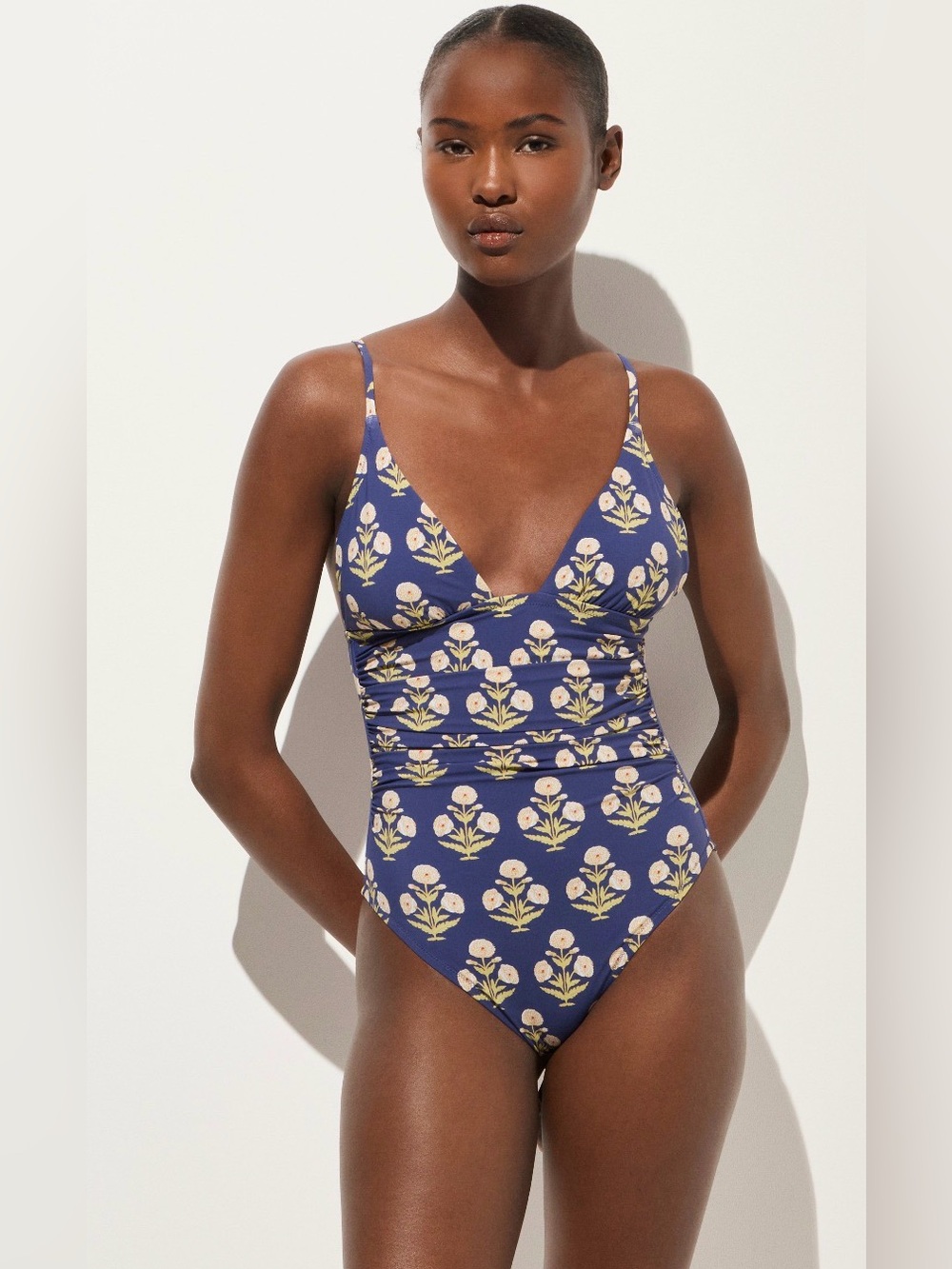 NWT J Crew Ruched V-Neck One Piece in Marigold Block Print 12